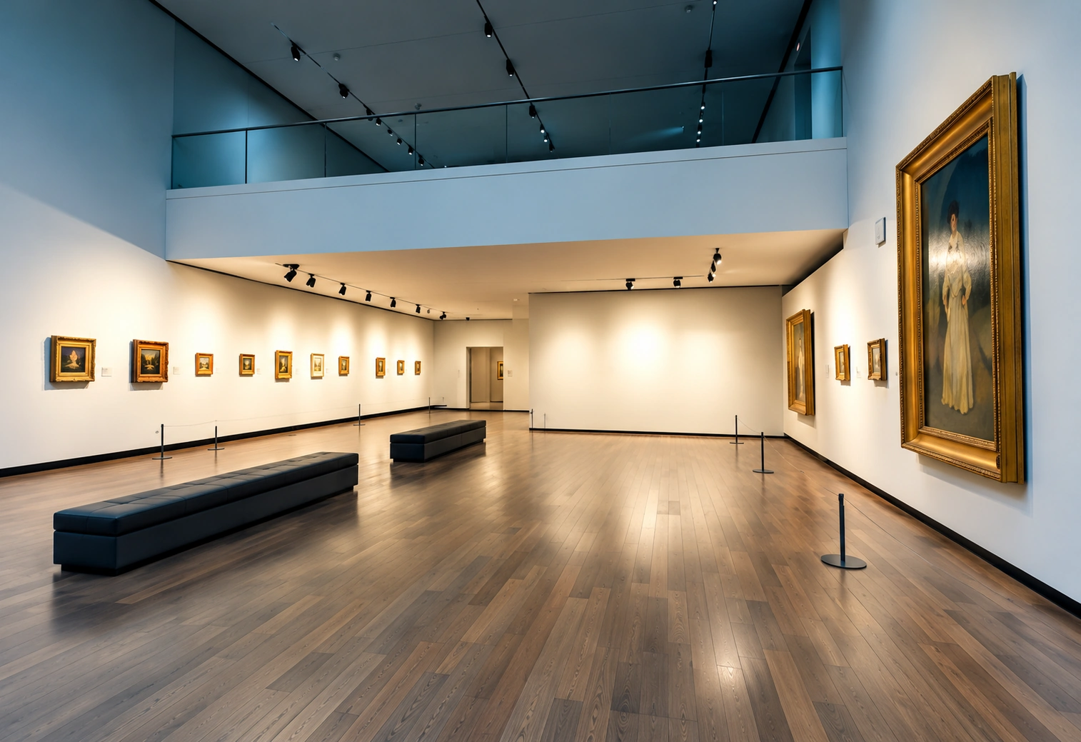 A bright gallery hall with gilt-framed paintings, benches and a wooden floor